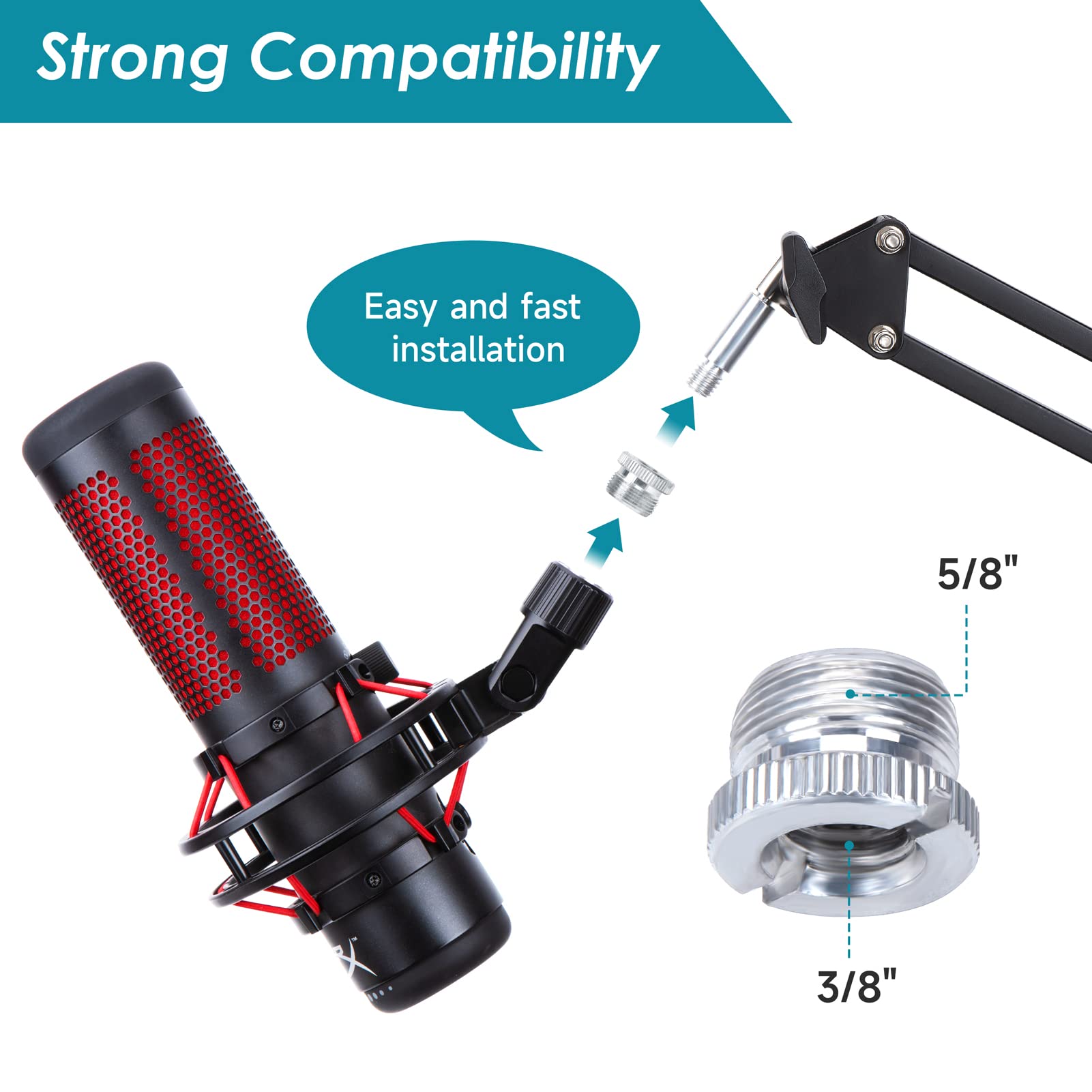 YOUSHARES Wall Mount QuadCast Boom Arm Stand with Mic Windscreen and Table Mount Clamp, Mic Stands and Holders Compatible with H